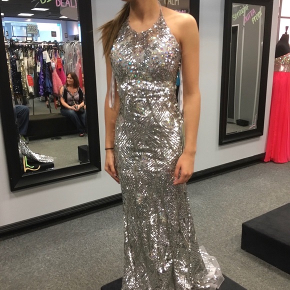 Mon Cheri Silver Sequined Prom Dress - Picture 3 of 10
